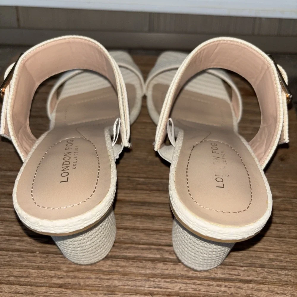 London Fog Cream Vaeda Sandals Womens 7.5 M Chunky Round Heel Buckle Square Toe